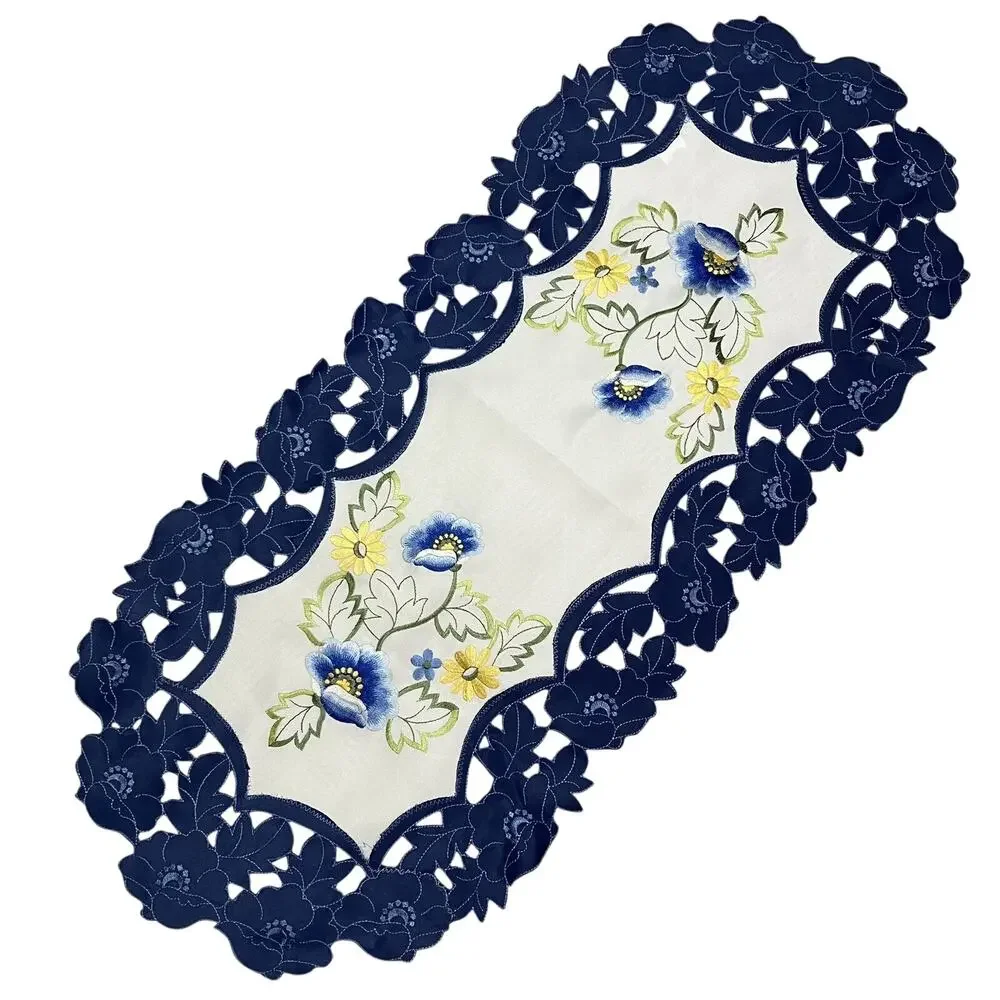 Floral Table Runner Machine Embroidered and Cut Blue Lace Trim 15x34 Polyester